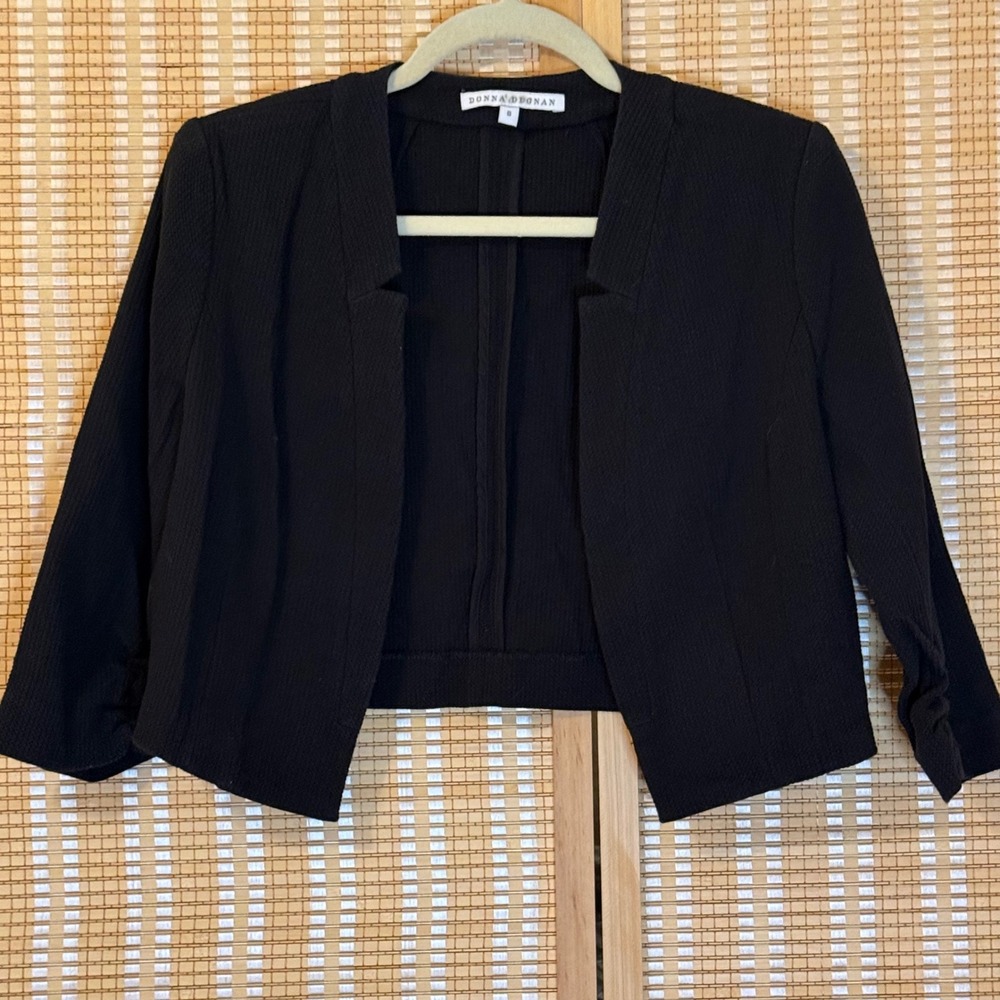 Donna Degnan Womens Black Textured Open Front Cropped Blazer Jacket Size 8 USA